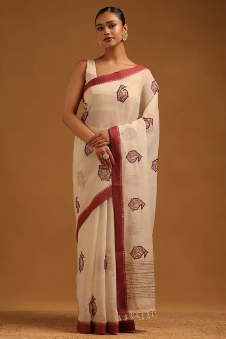 Maroon Chanderi Warli Saree With Hand Embroidery